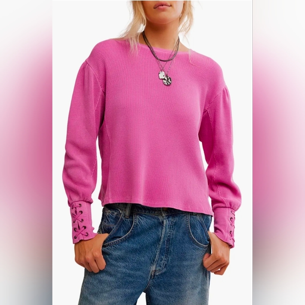 NWT Free People Lapis Cuff Waffle Knit Top In Plumdrop Size Large